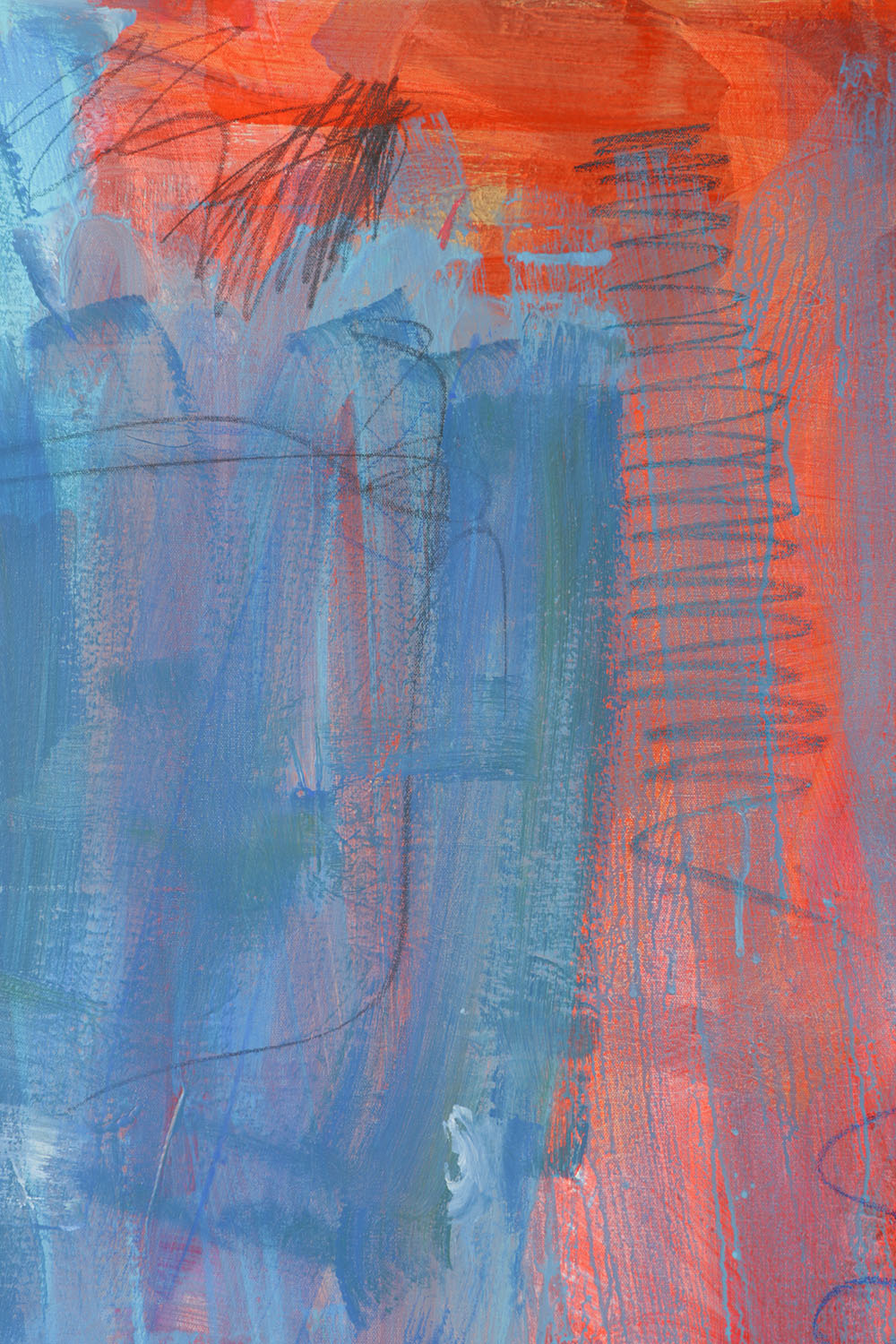 Robbie Kemper Acrylic Painting on Canvas "Blue Over Red Orange with Scribbles"