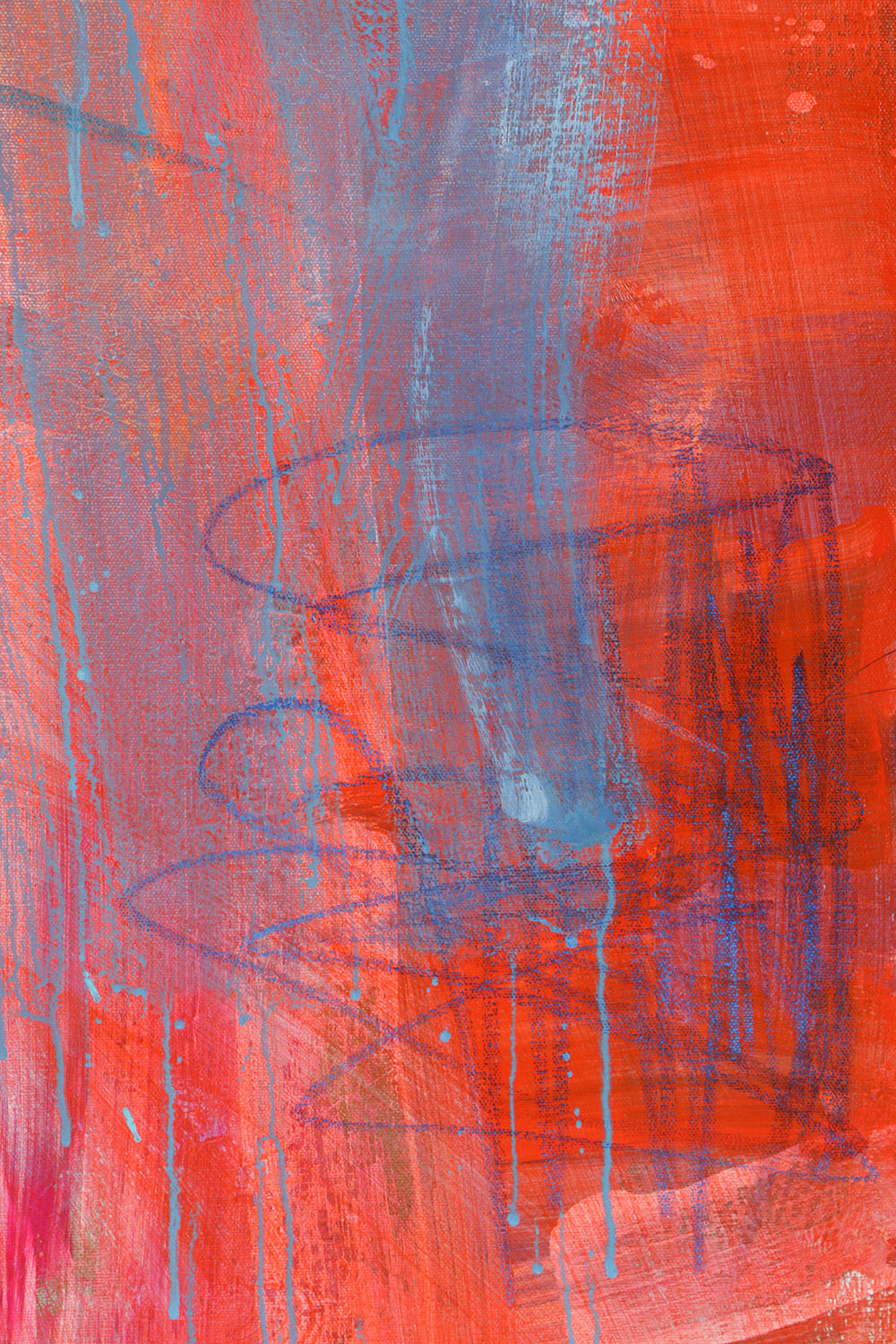 Robbie Kemper Acrylic Painting on Canvas "Blue Over Red Orange with Scribbles"