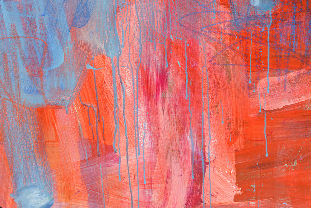 Robbie Kemper Acrylic Painting on Canvas "Blue Over Red Orange with Scribbles"