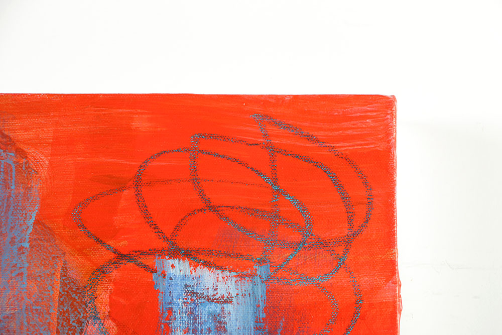 Robbie Kemper Acrylic Painting on Canvas "Blue Over Red Orange with Scribbles"