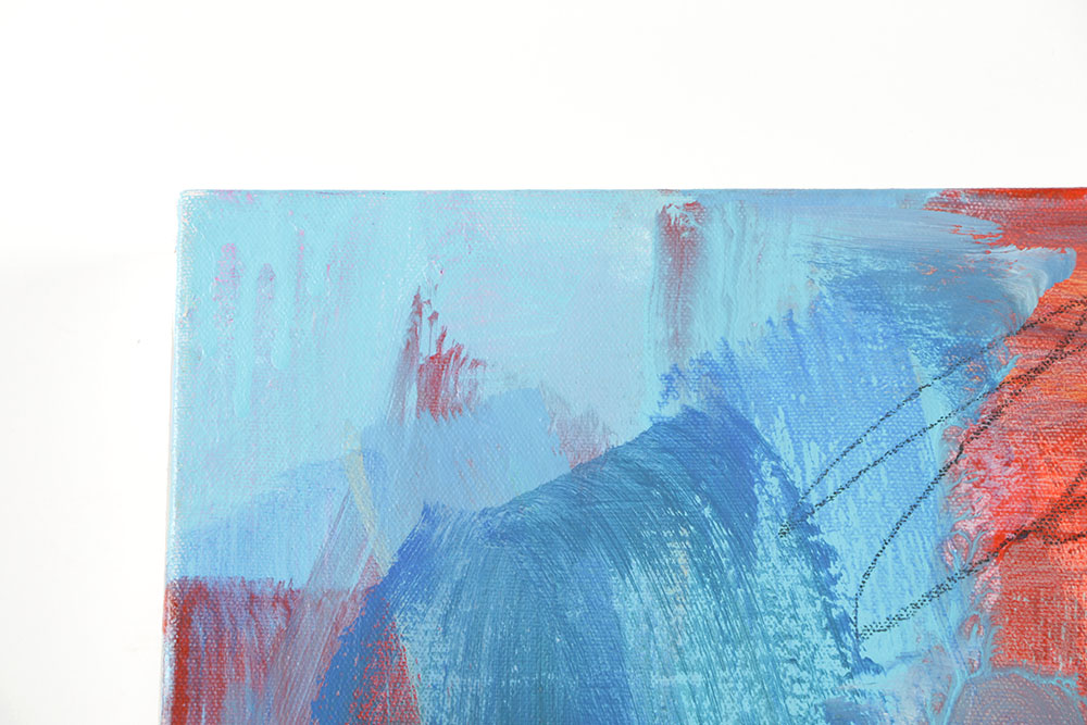 Robbie Kemper Acrylic Painting on Canvas "Blue Over Red Orange with Scribbles"