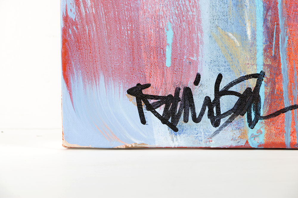 Robbie Kemper Acrylic Painting on Canvas "Blue Over Red Orange with Scribbles"