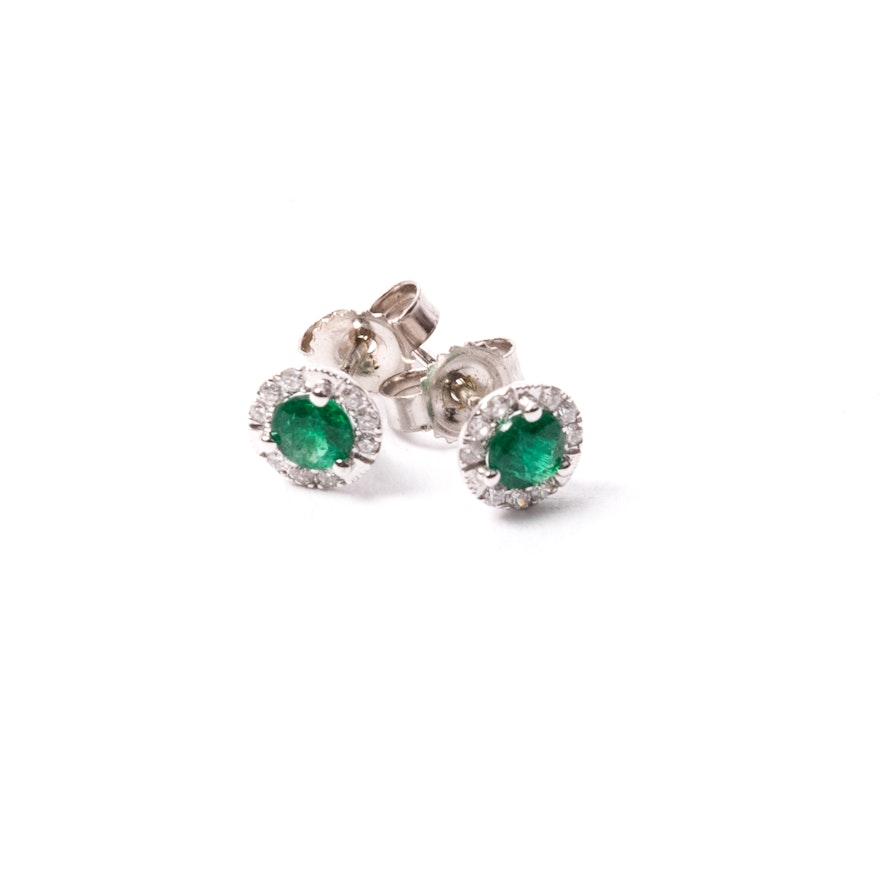 14K White Gold Emerald and Diamond Stud Earrings