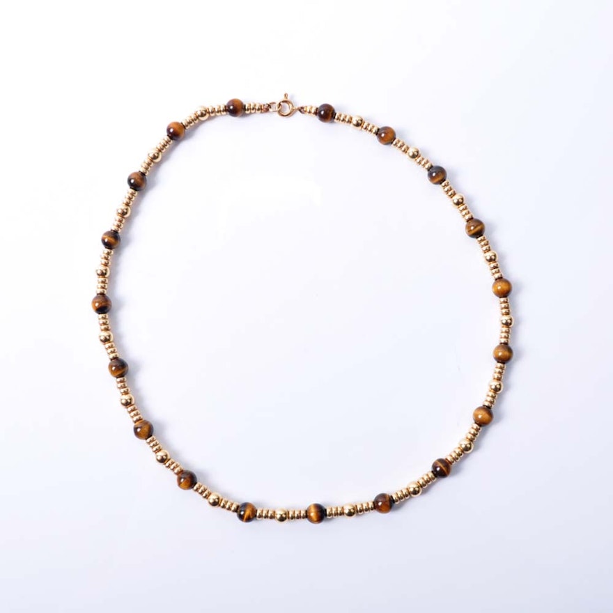 14K Gold Beaded Tiger's Eye Necklace