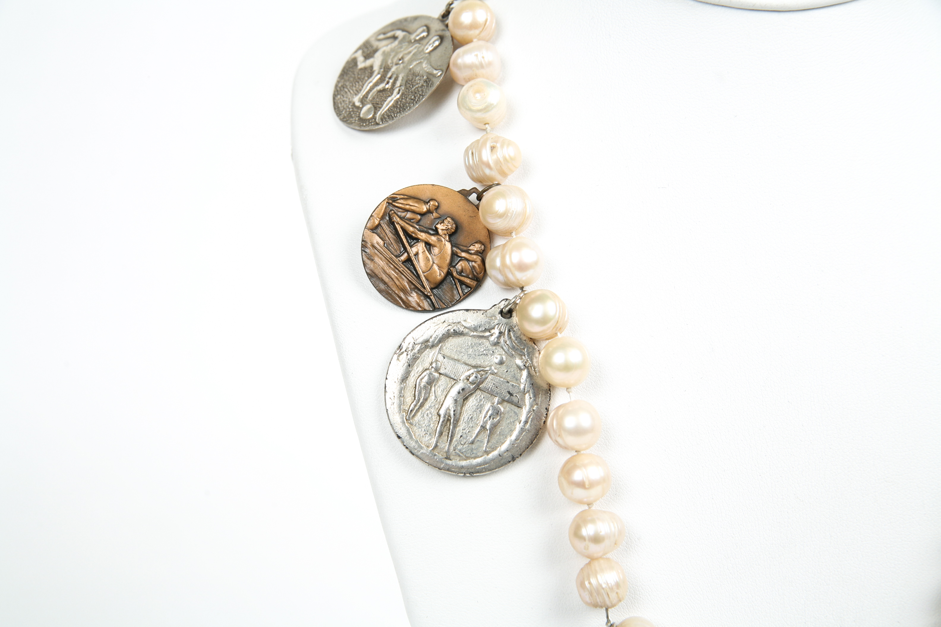 Pearl Necklace with Sports Medallions