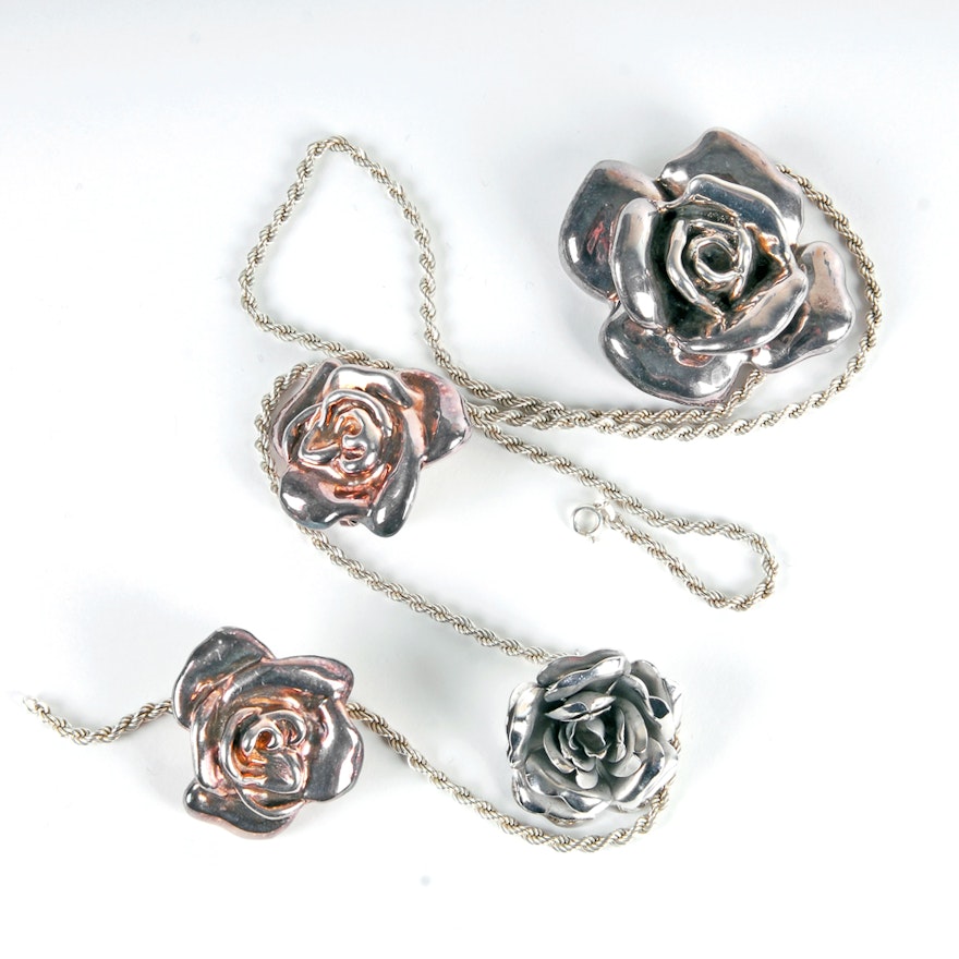 Sterling Silver Rose Earrings, Necklace, and Pin Set
