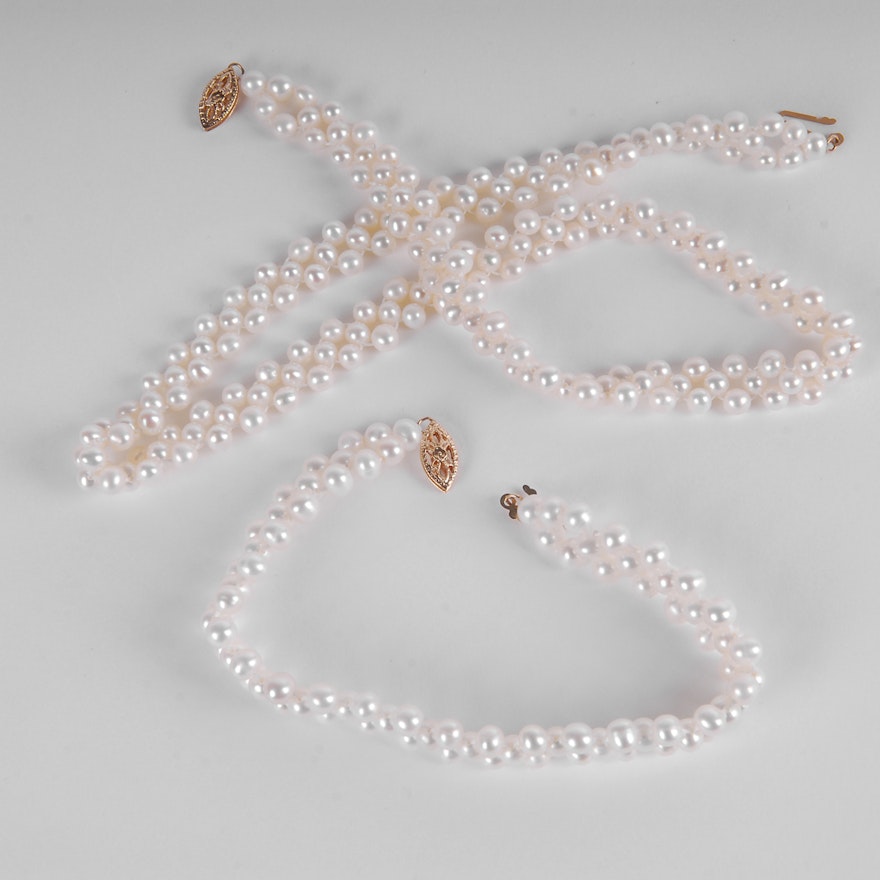 Pearl Necklace and Bracelet Set with 14K Yellow Gold Clasps