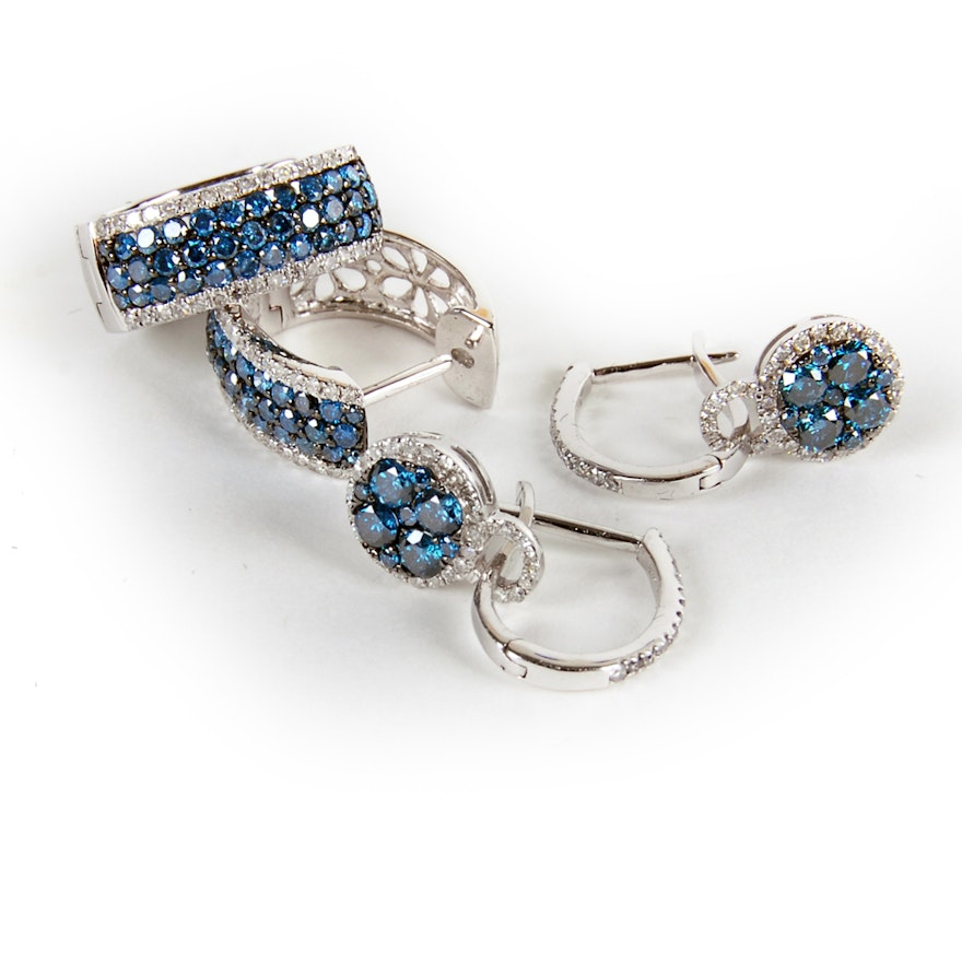 Two Pairs of EFFY 14K White Gold Blue Diamond and White Diamond Earrings