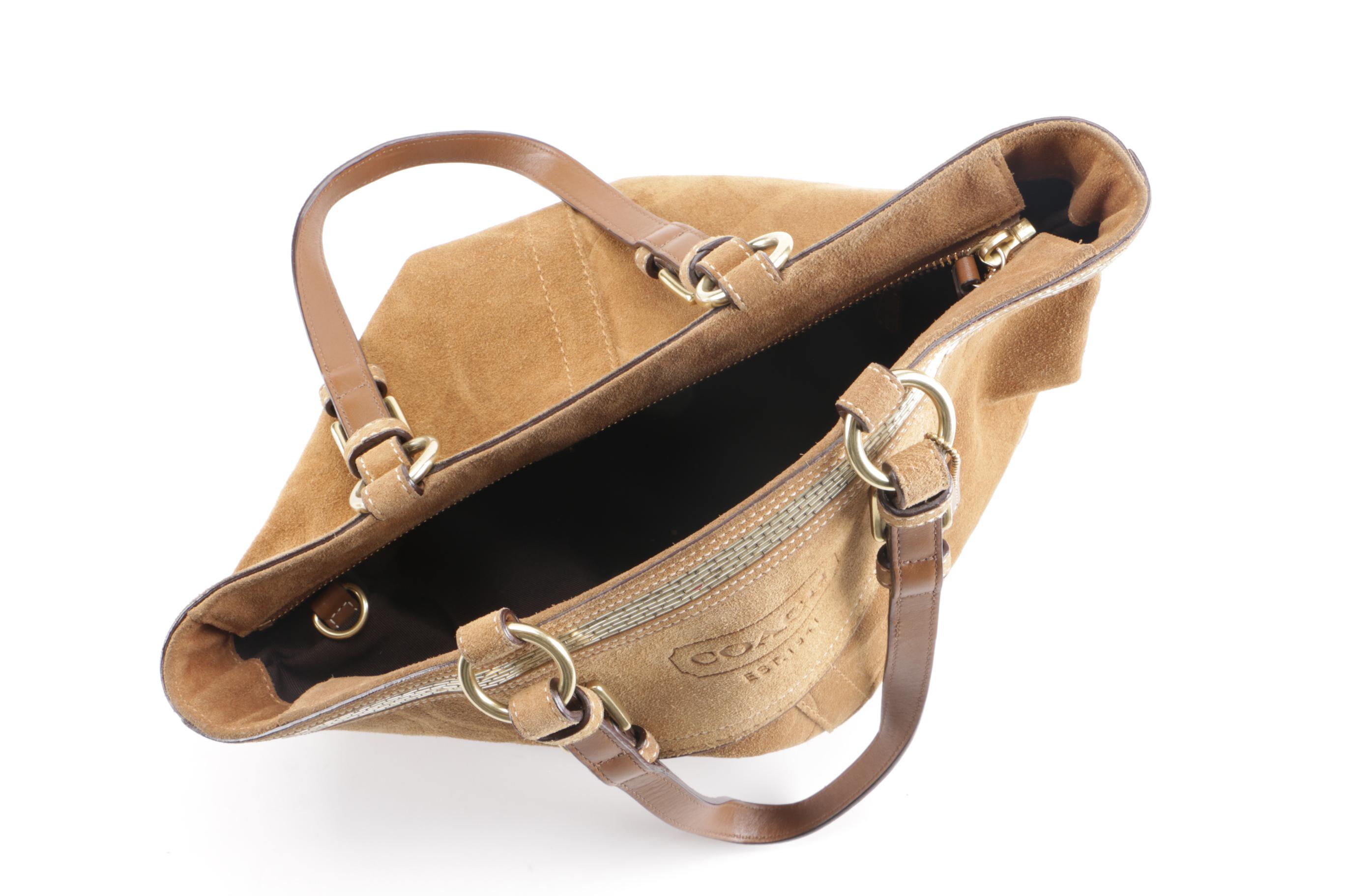 Coach Brown Suede Tote Bag with Gold Tone Beading