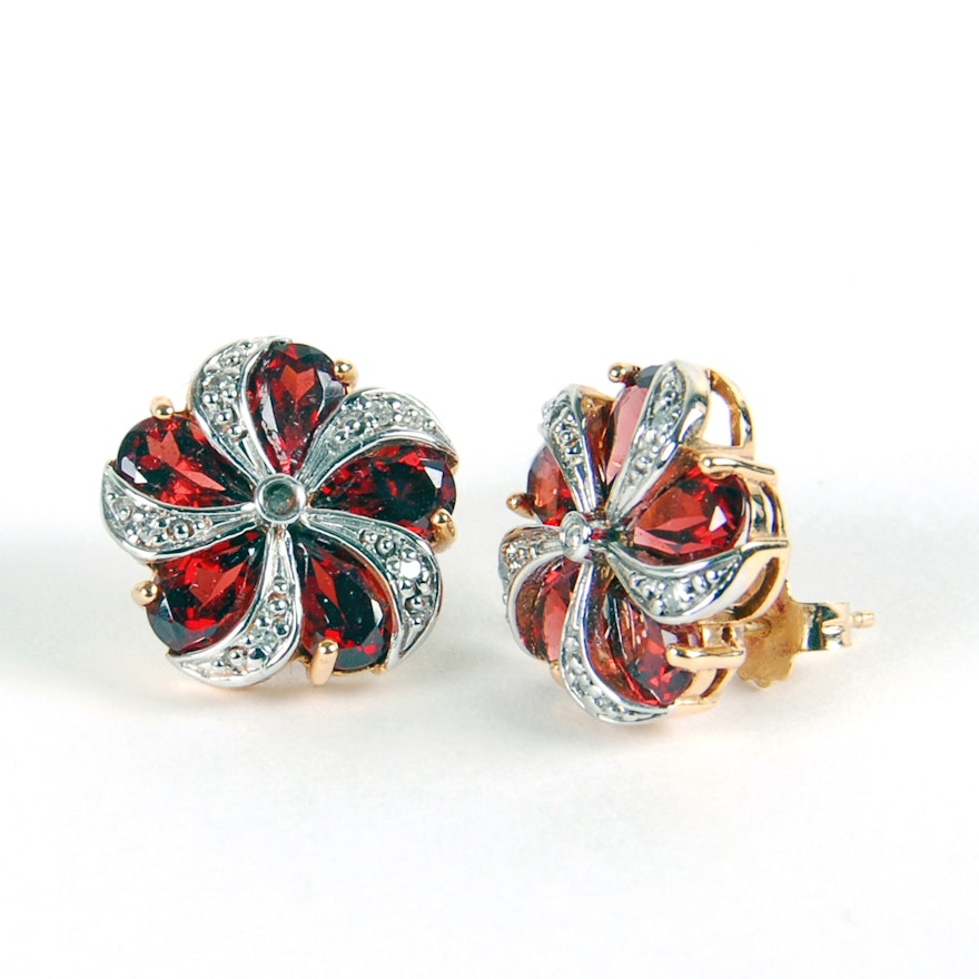 14K Yellow Gold Garnet and Diamond Earrings