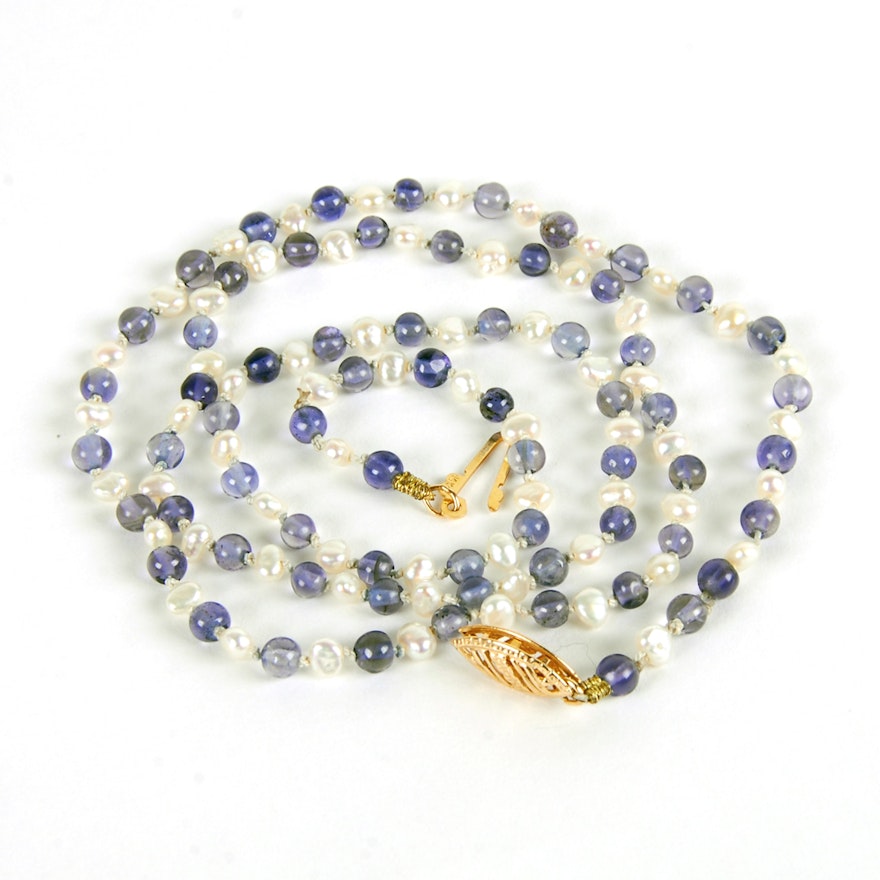 Amethyst and Fresh Water Pearl Necklace with 14K Clasp