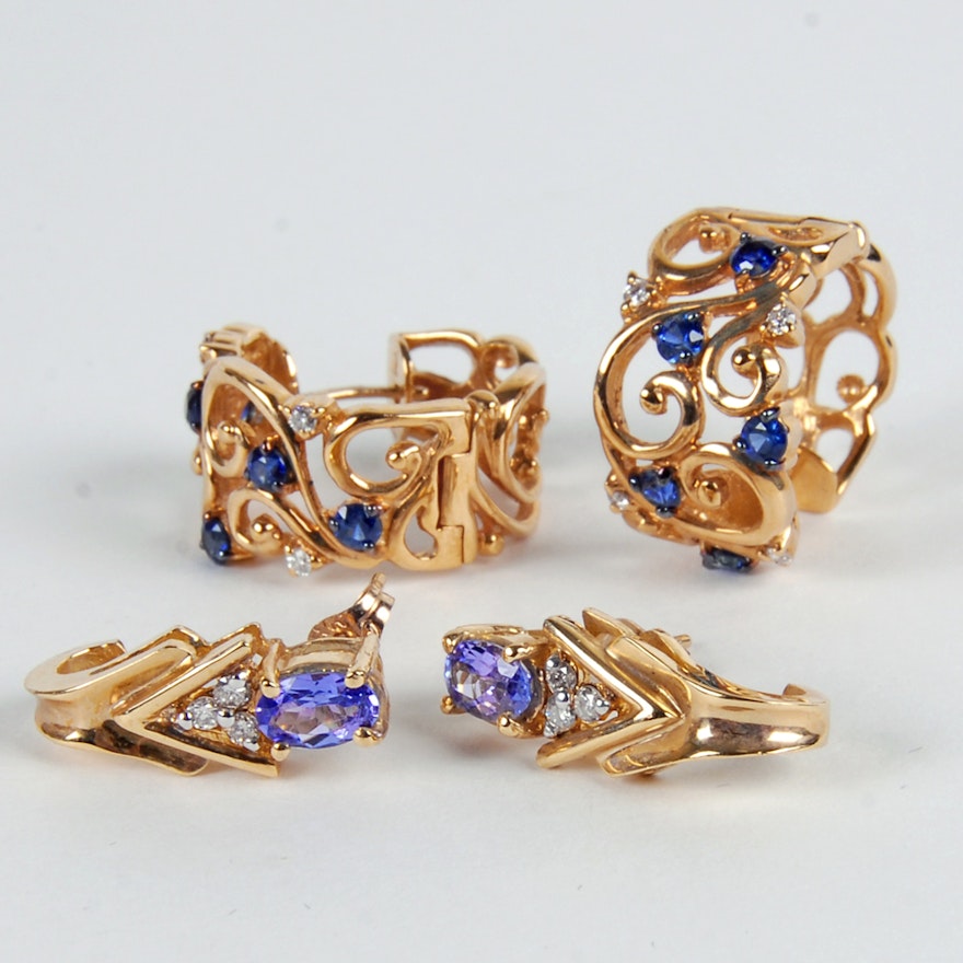 EFFY 14K Yellow Gold Diamond Earrings with Sapphires and Tanzanite