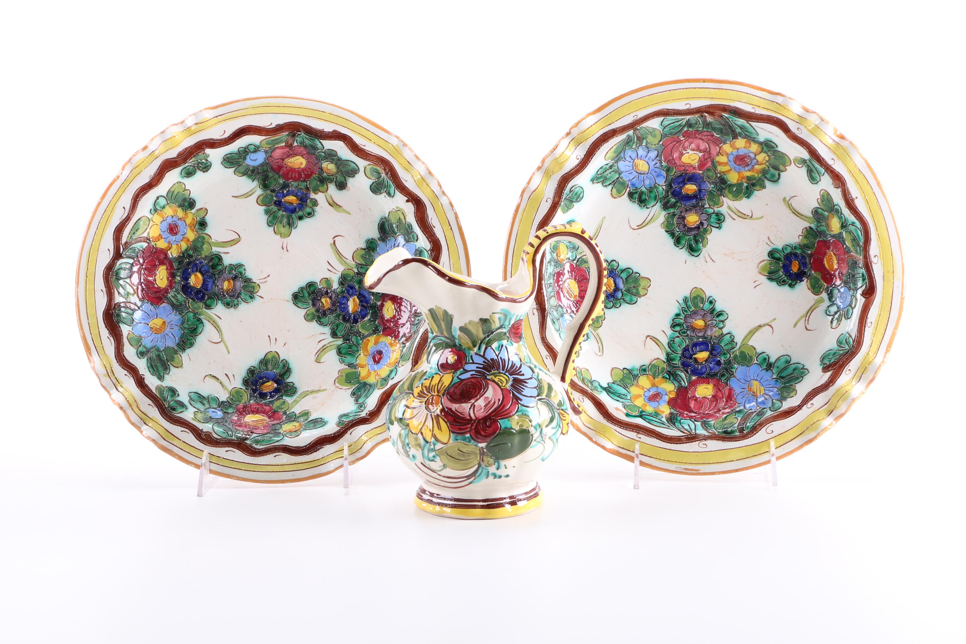 Hand Painted Floral Pitcher and Plates