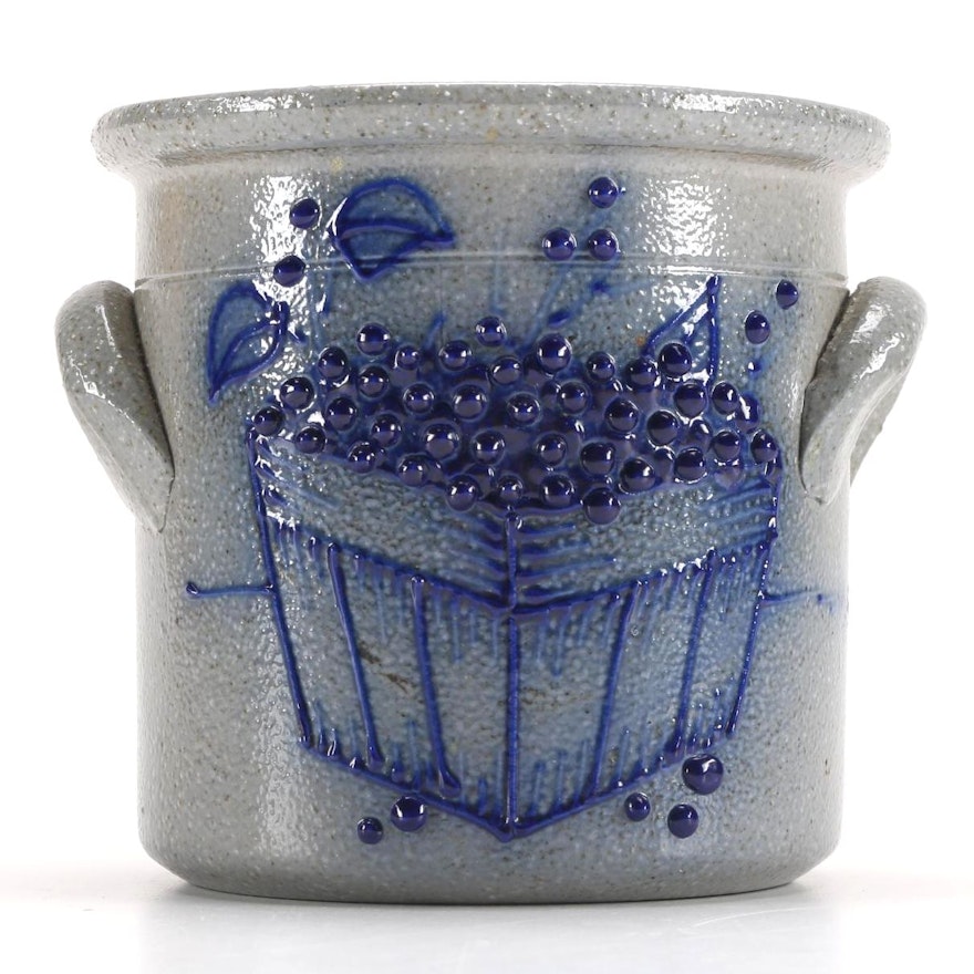 Glazed Stoneware Pot With Blueberry Theme