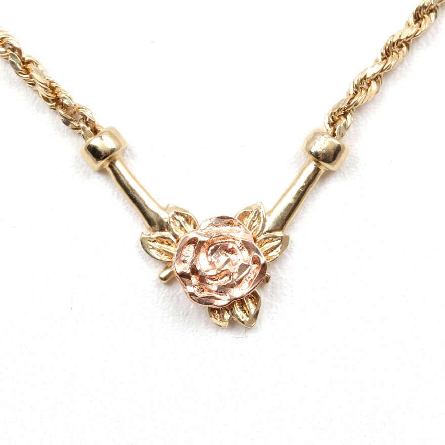 14K Yellow Gold Rose Pendant Necklace