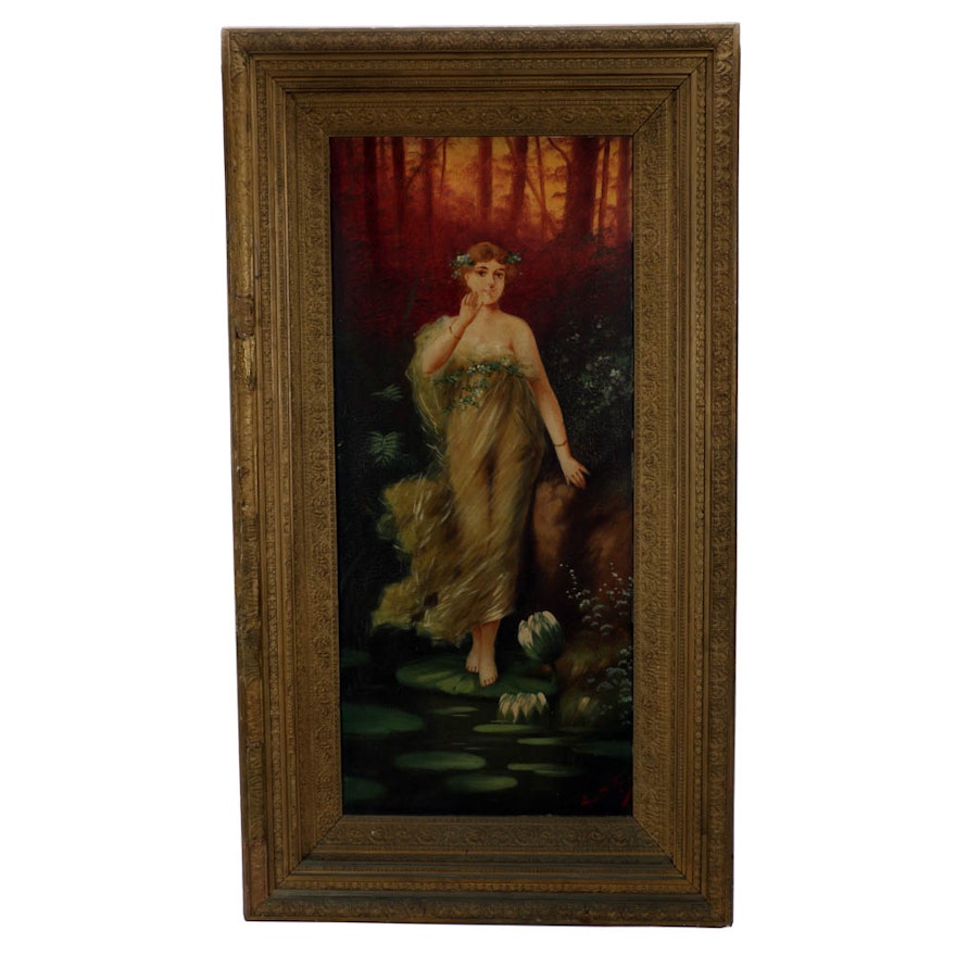 Early 20th-Century Signed Oil on Canvas of Woodland Muse