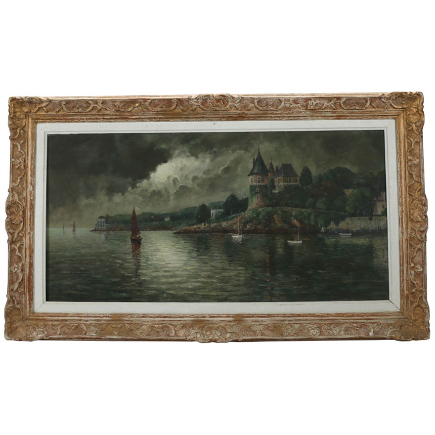 A. Gautier Antique Harbor Oil Painting on Canvas
