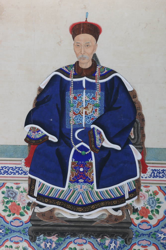 Antique Chinese Ancestor Gouache Portrait Painting