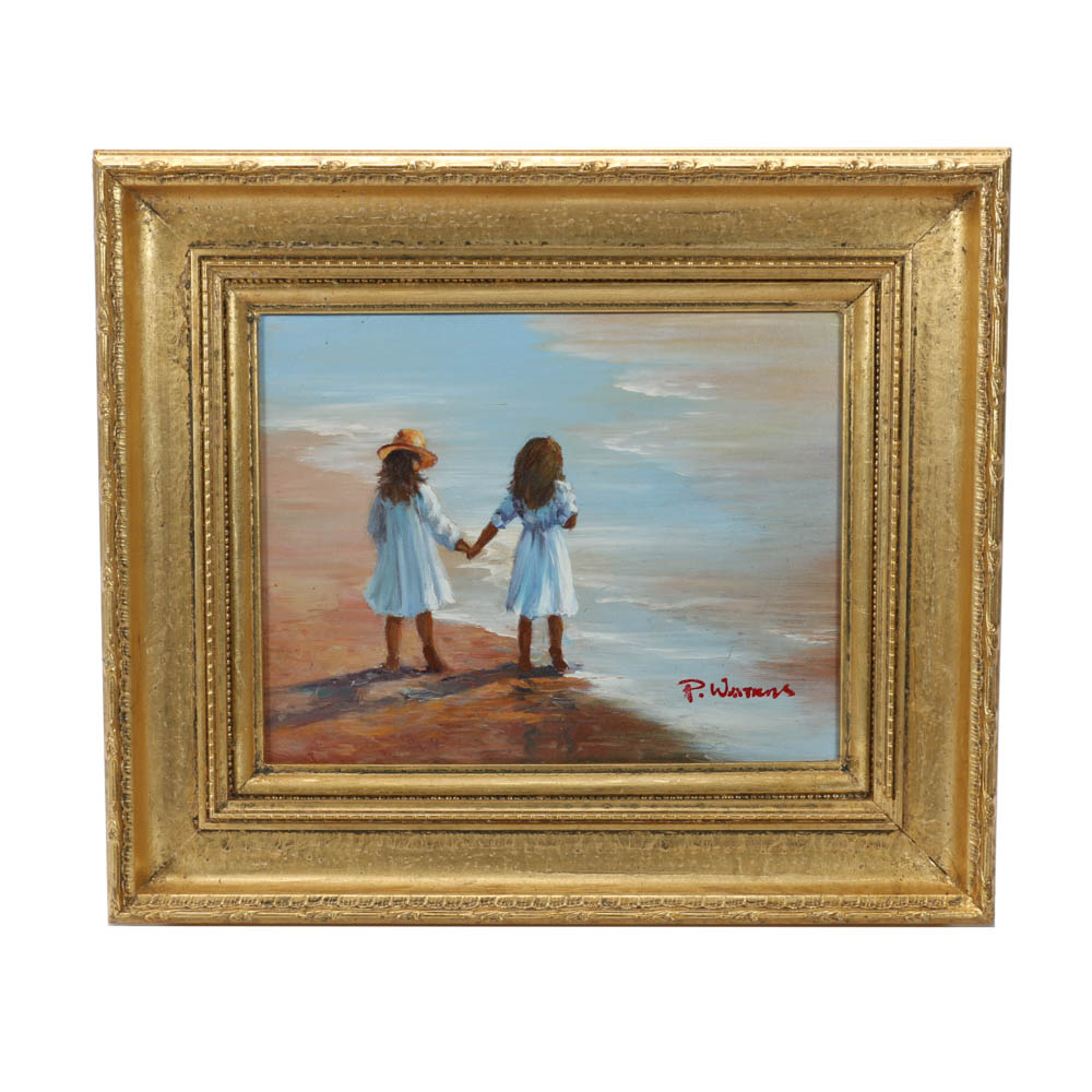 P. Watkins Original Oil on Canvas Beach Scene