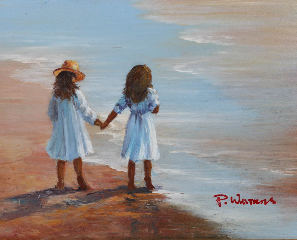 P. Watkins Original Oil on Canvas Beach Scene