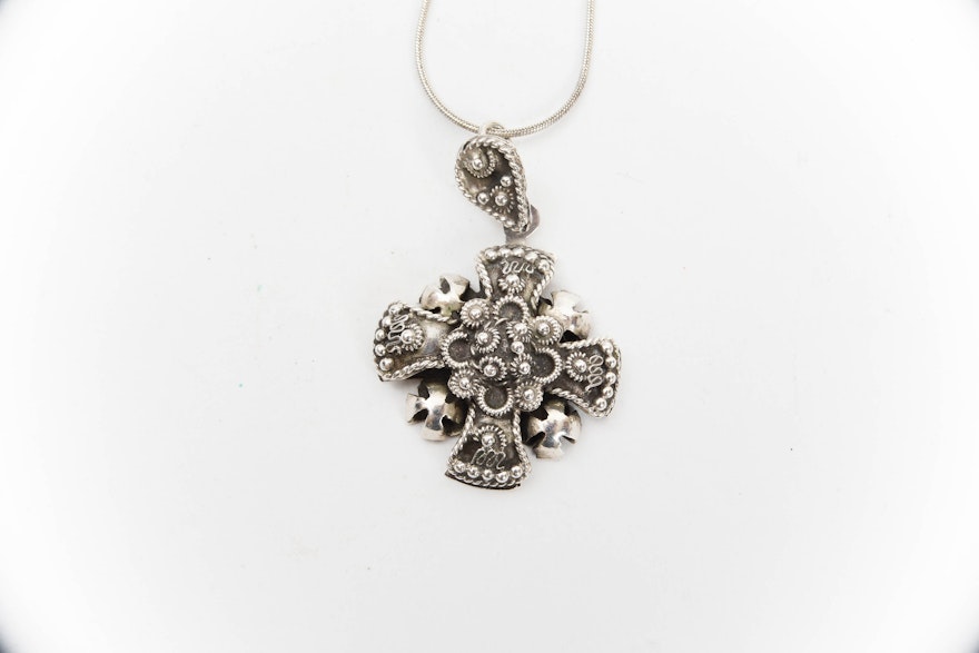 Vintage Mexico Sterling Silver Jerusalem Cross Pendant Necklace