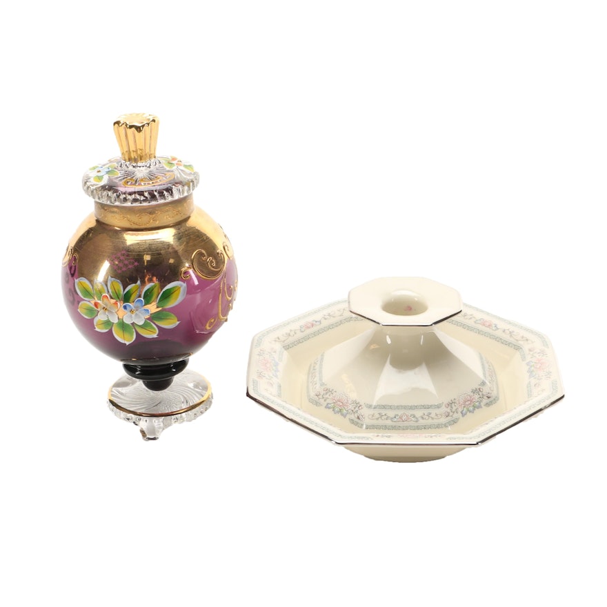 Lenox "Charleston" Dish and Candle Holder and Russian Glass Jar