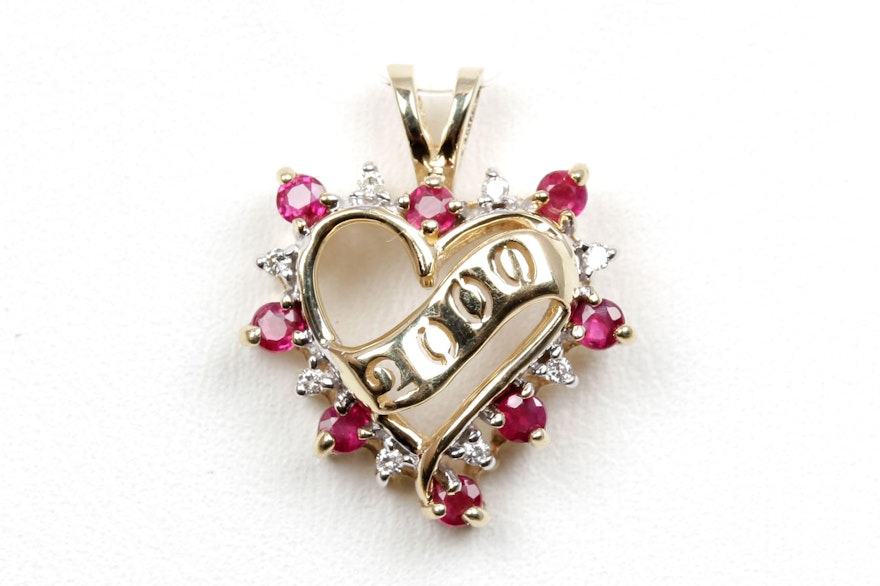 10K Yellow Gold Ruby and Diamond "2000" Heart Pendant