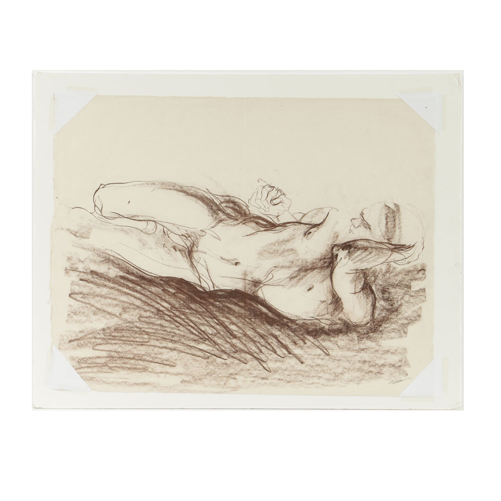 John Tuska Conte Crayon Drawing on Paper of a Nude Male Figure
