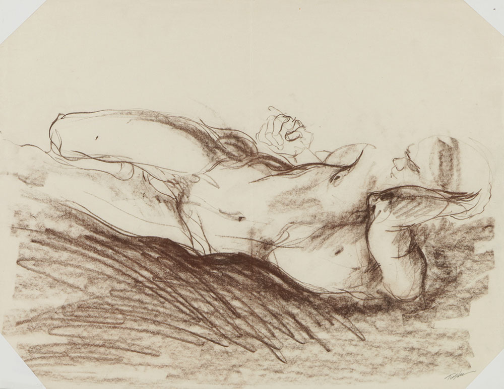 John Tuska Conte Crayon Drawing on Paper of a Nude Male Figure