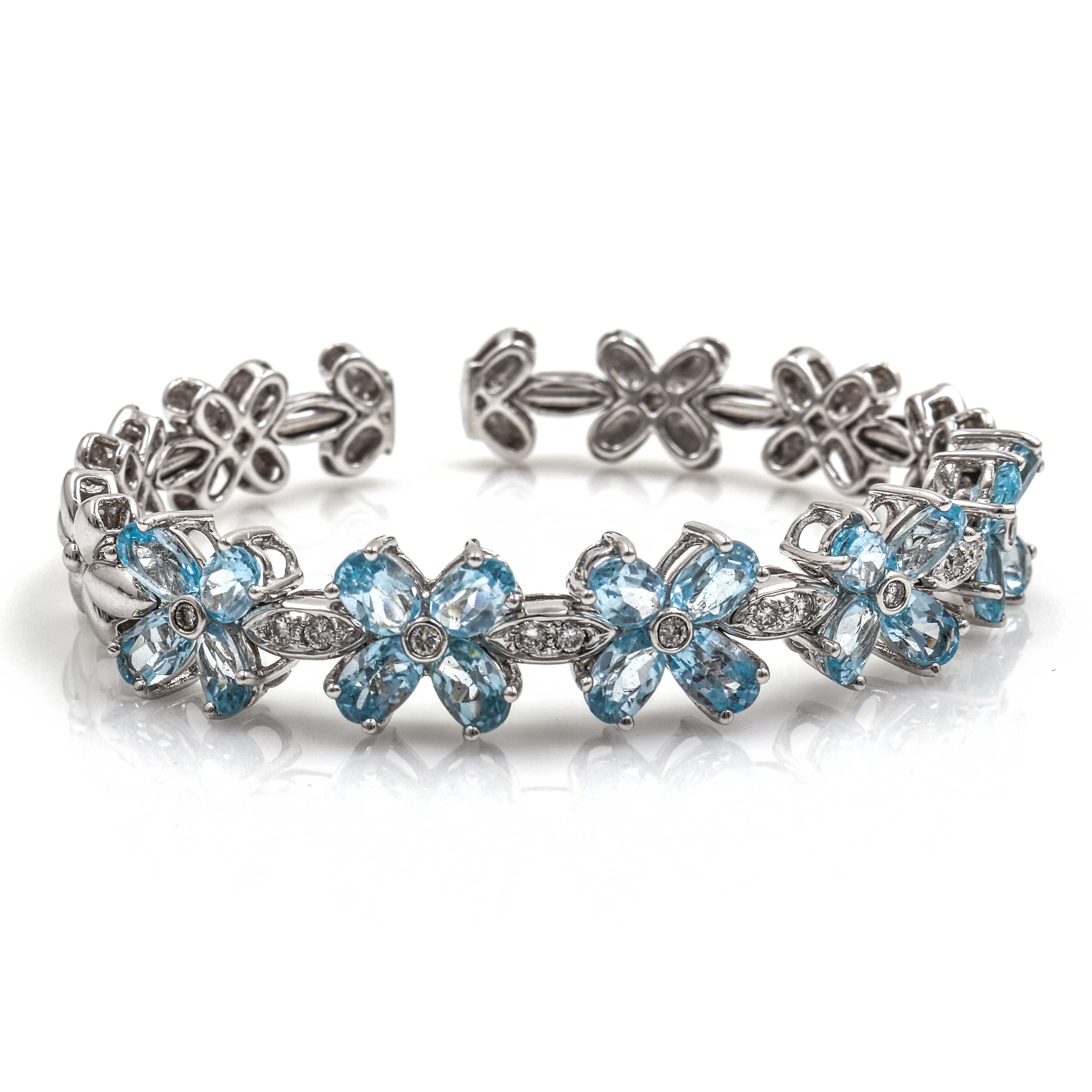 18K White Gold Blue Topaz and Diamond Flower Cuff