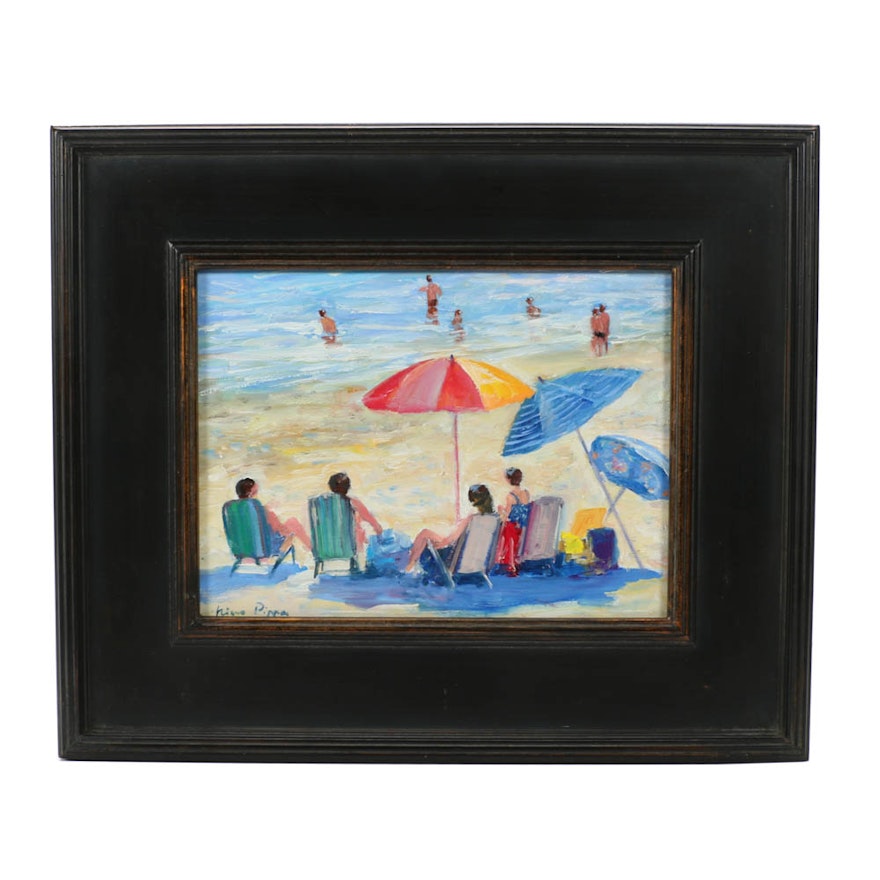 Nino Pippa Original Oil on Board "French Riviera Beach Scene"