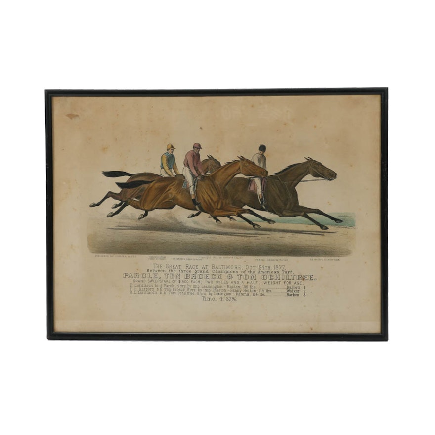 Antique Original 1877 Currier & Ives Hand-Colored Lithograph "The Great Race at Baltimore, Oct. 24th, 1877"