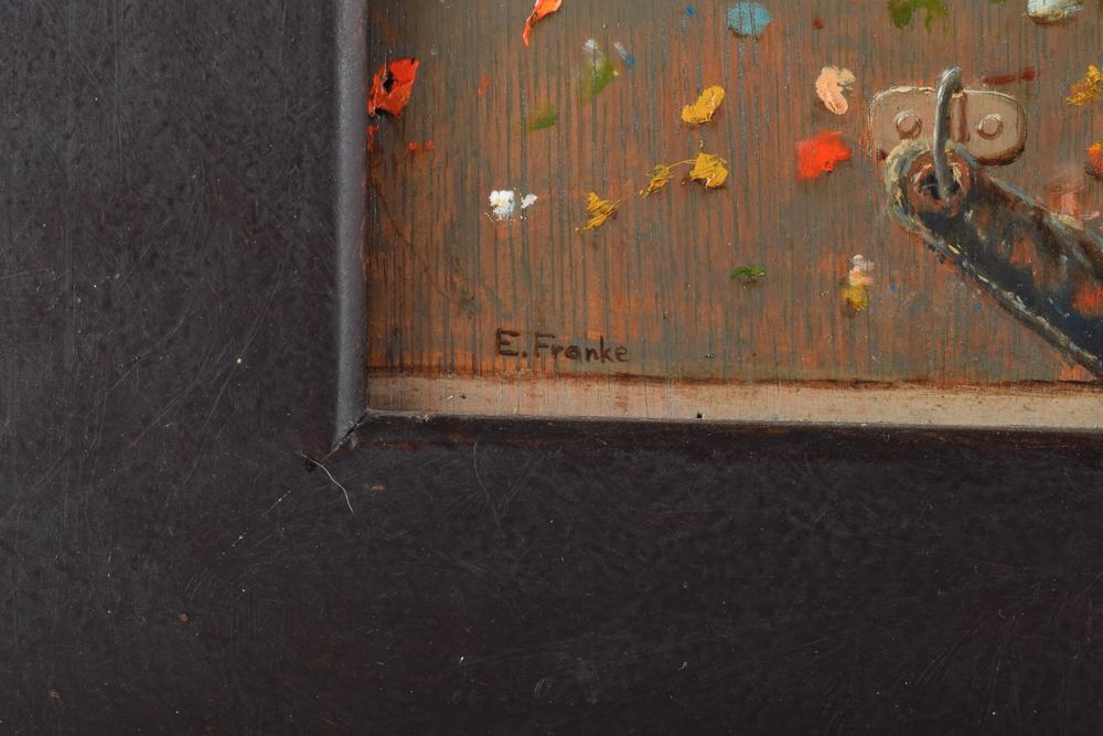 Eric Franke Framed Original Oil on Oak Panel "Paintbox Bin and Orange"