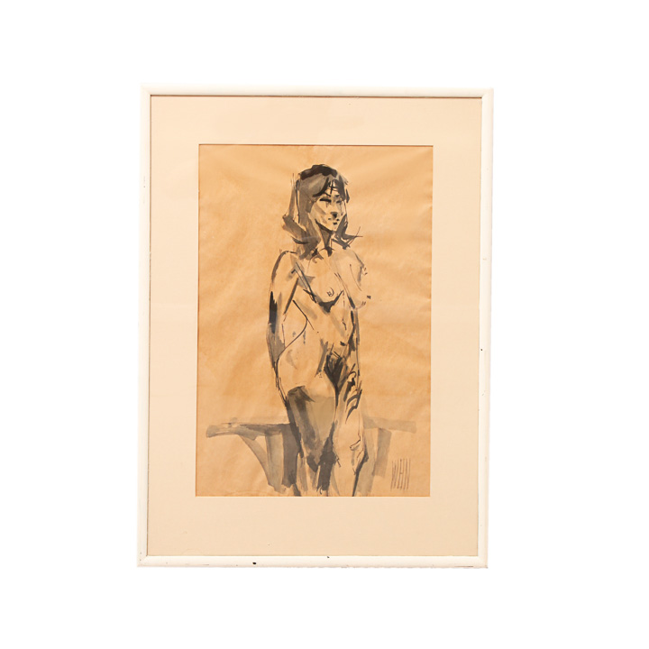 Signed Original Ink Wash Study of Female Nude