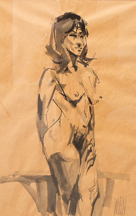 Signed Original Ink Wash Study of Female Nude