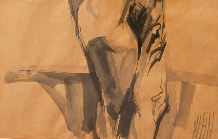 Signed Original Ink Wash Study of Female Nude