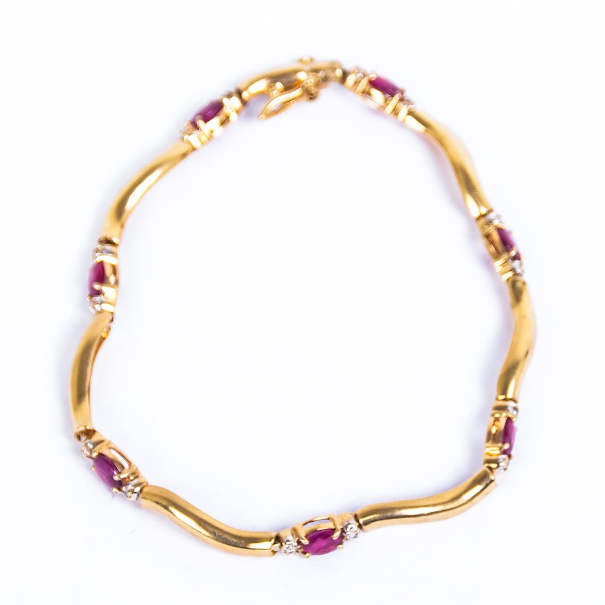 14K Yellow Gold, Ruby and Diamond Link Bracelet