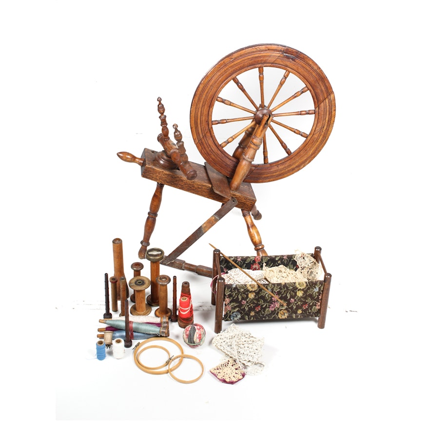 Spinning Wheel, Antique Spools, Handcrafted Lace and More