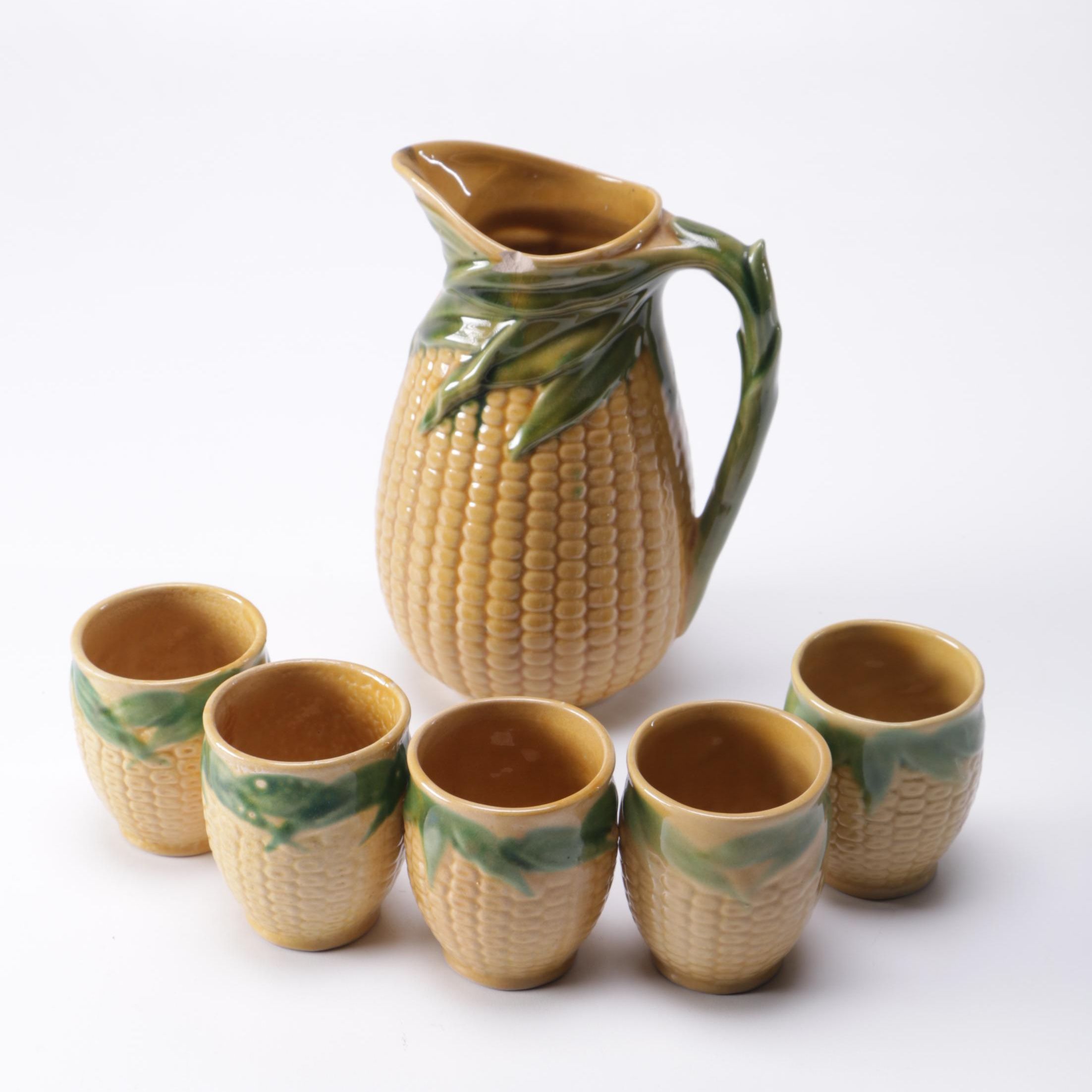 Corn Cob Motif Ceramic Pitcher and Cups