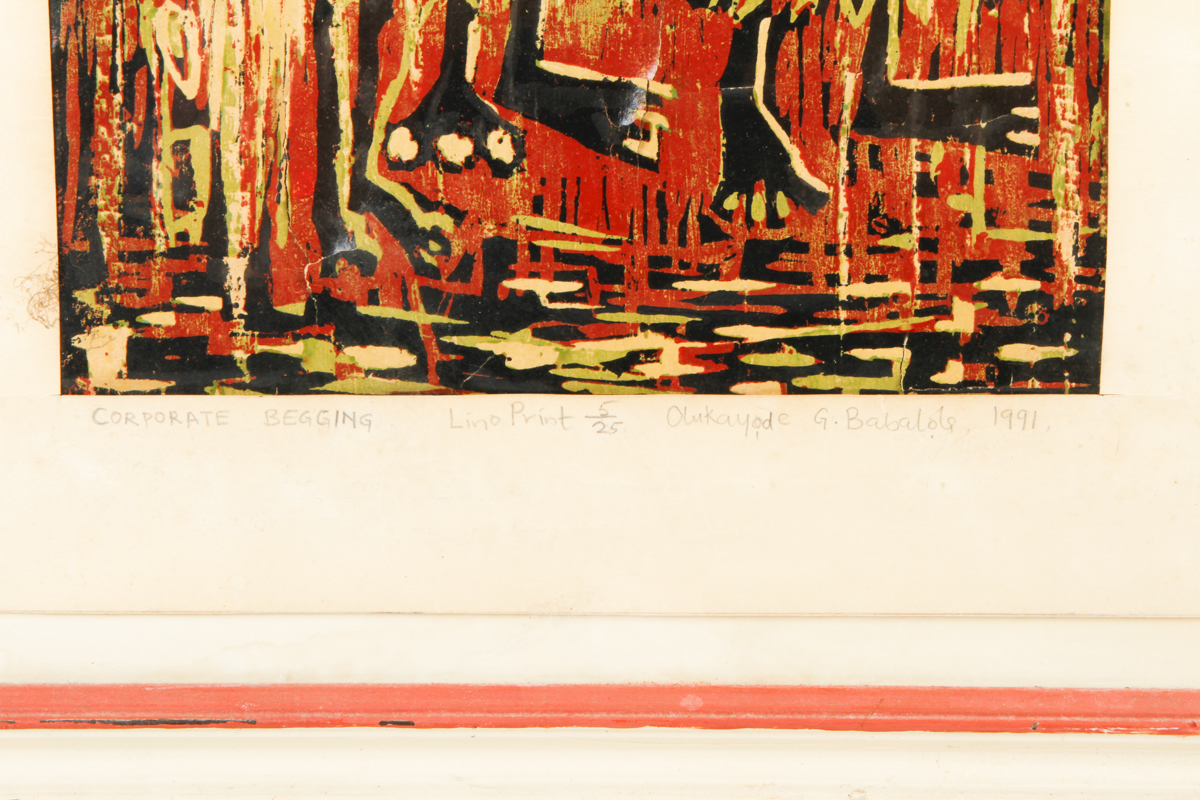 Olukayode Babalola Lino Print on Paper "Corporate Begging"