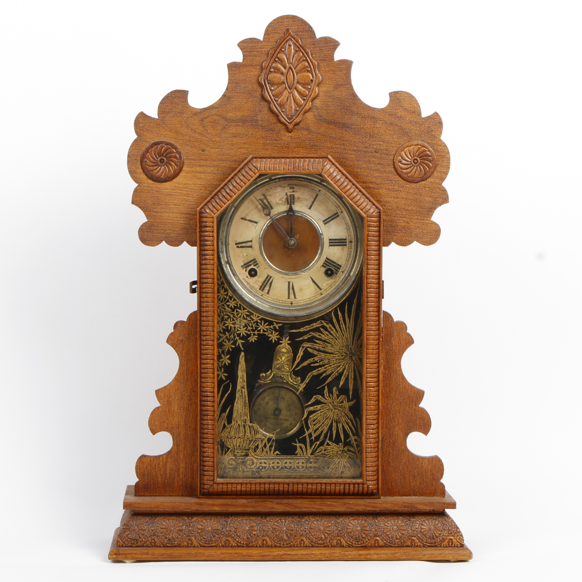 1897 E. Ingraham Co. Oak Gingerbread Mantel Clock
