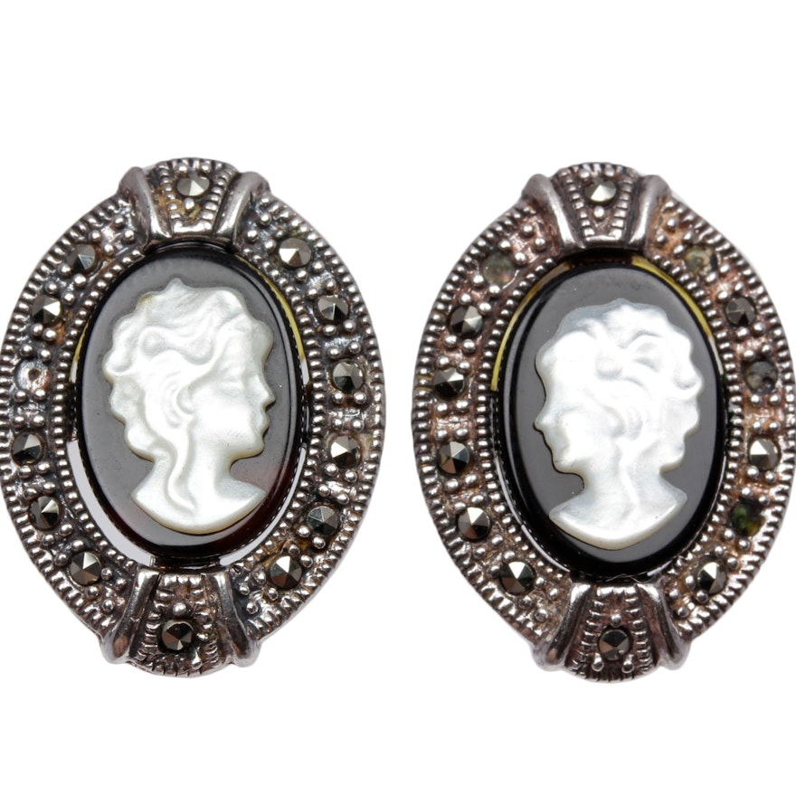 Sterling Silver Black Onyx Cameo and Marcasite Earrings