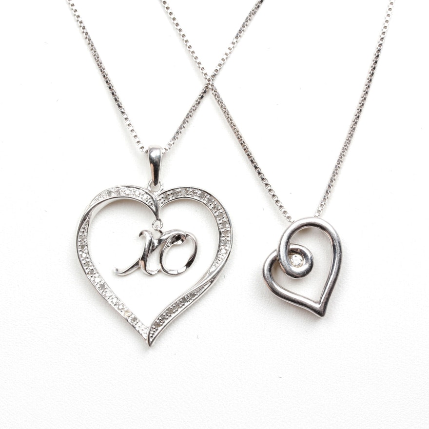 Sterling Silver Diamond Heart Pendant Necklaces