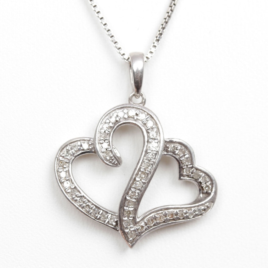 Sterling Silver Diamond Double Heart Pendant Necklace