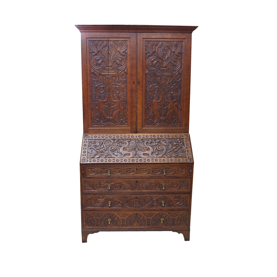 Antique Jacobean Style Oak Secretary Bookcase