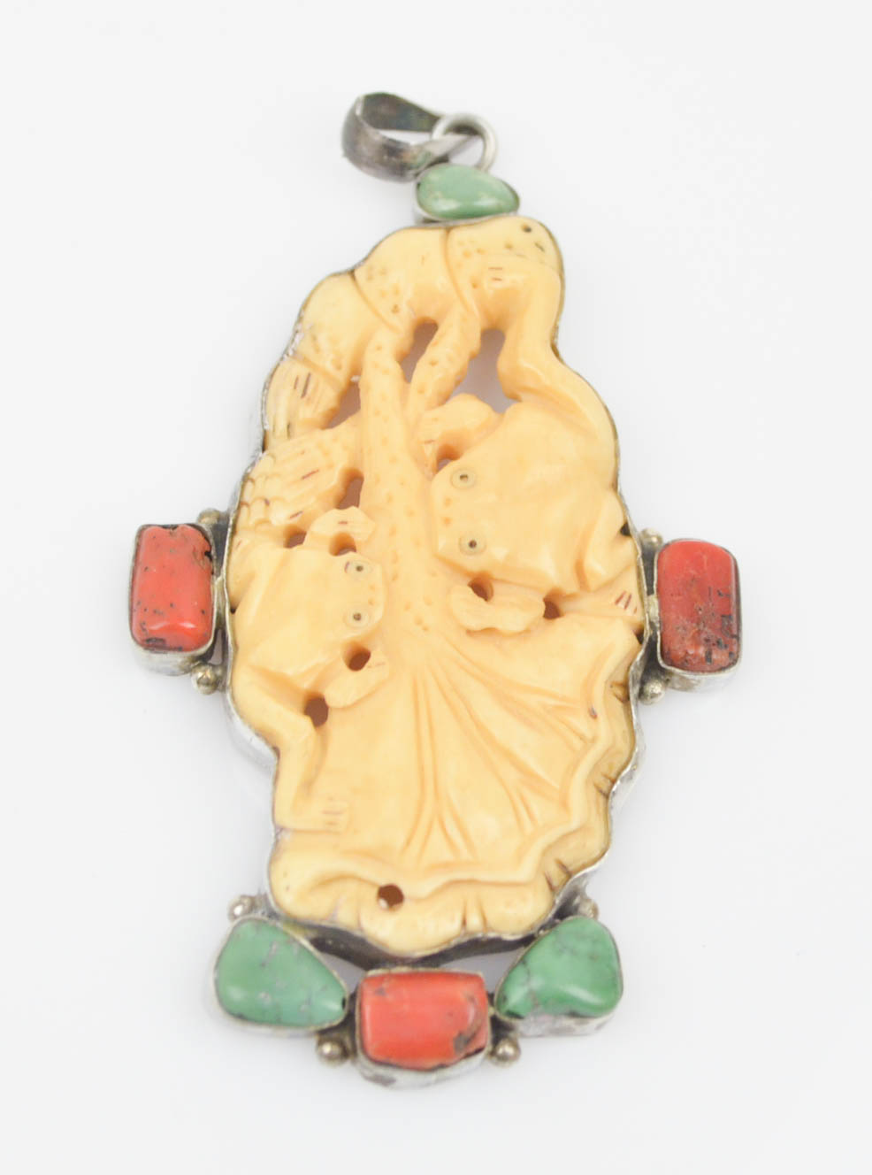 Sterling Silver Pendant with Bone, Coral , and Turquoise