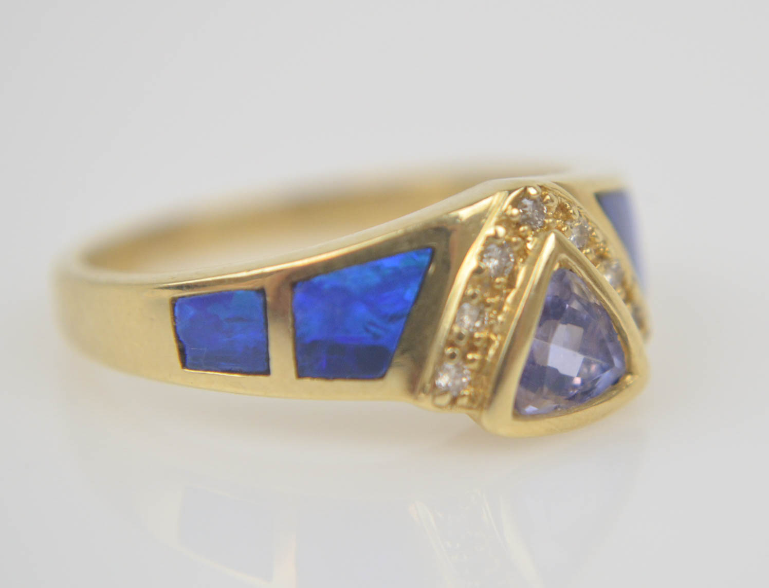 14K Yellow Gold Tanzanite, Opal, and Diamond Ring