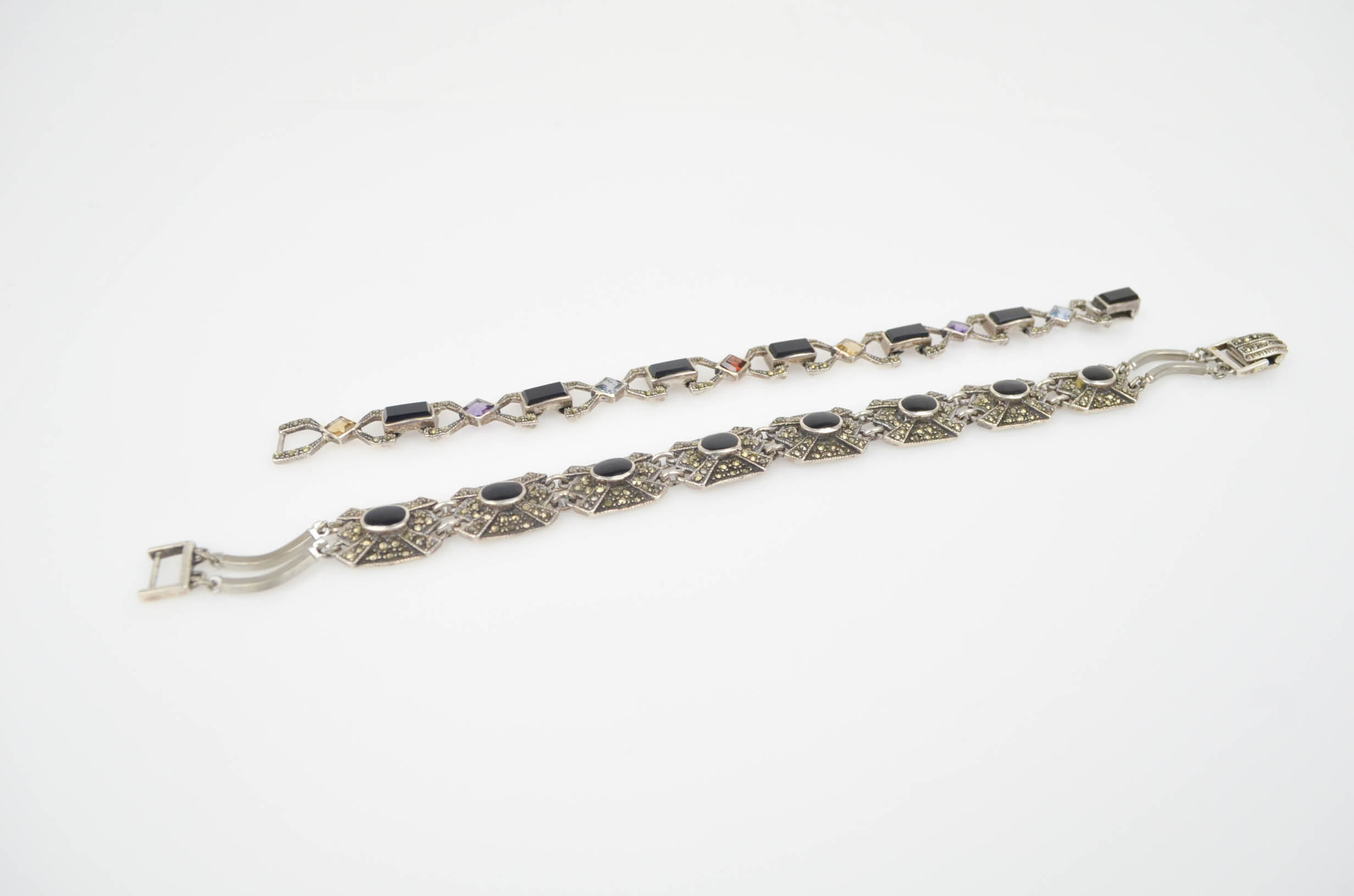 Pair of Sterling Bracelets with Black Onyx and Multi Stones