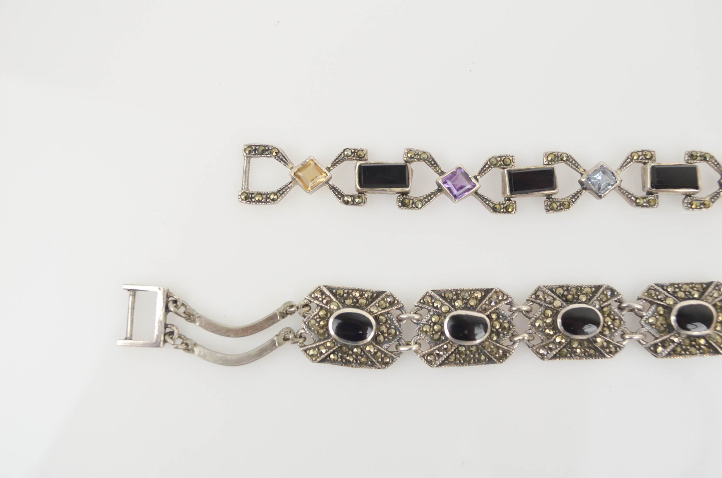 Pair of Sterling Bracelets with Black Onyx and Multi Stones