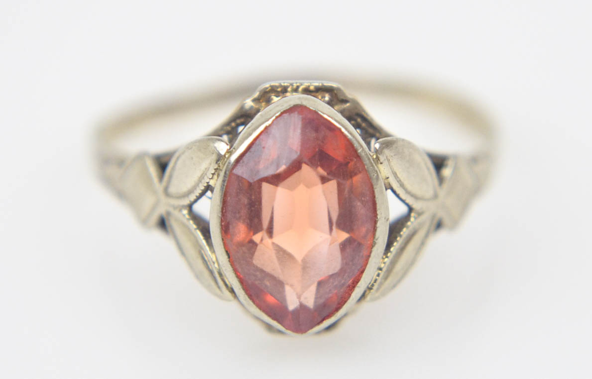 Antique 10K White Gold Synthetic Orange Sapphire Ring
